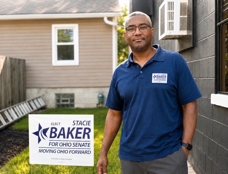 Stacie Baker standing with his Elect Stacie Baker for Ohio Senate yard sign
