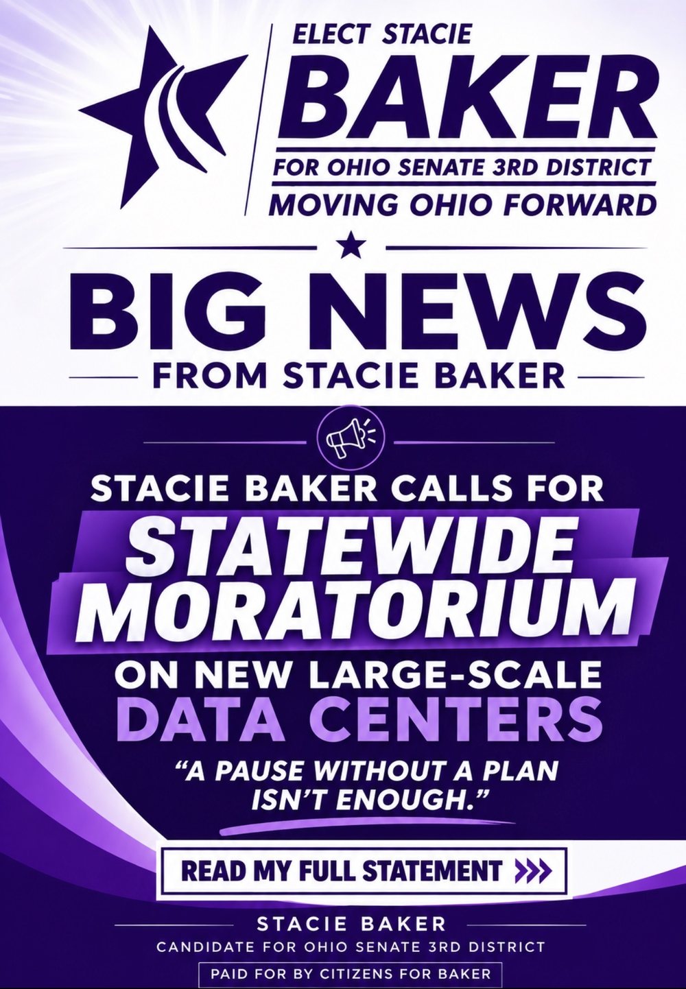 Big News from Stacie Baker: calling for a statewide moratorium on new large-scale data centers